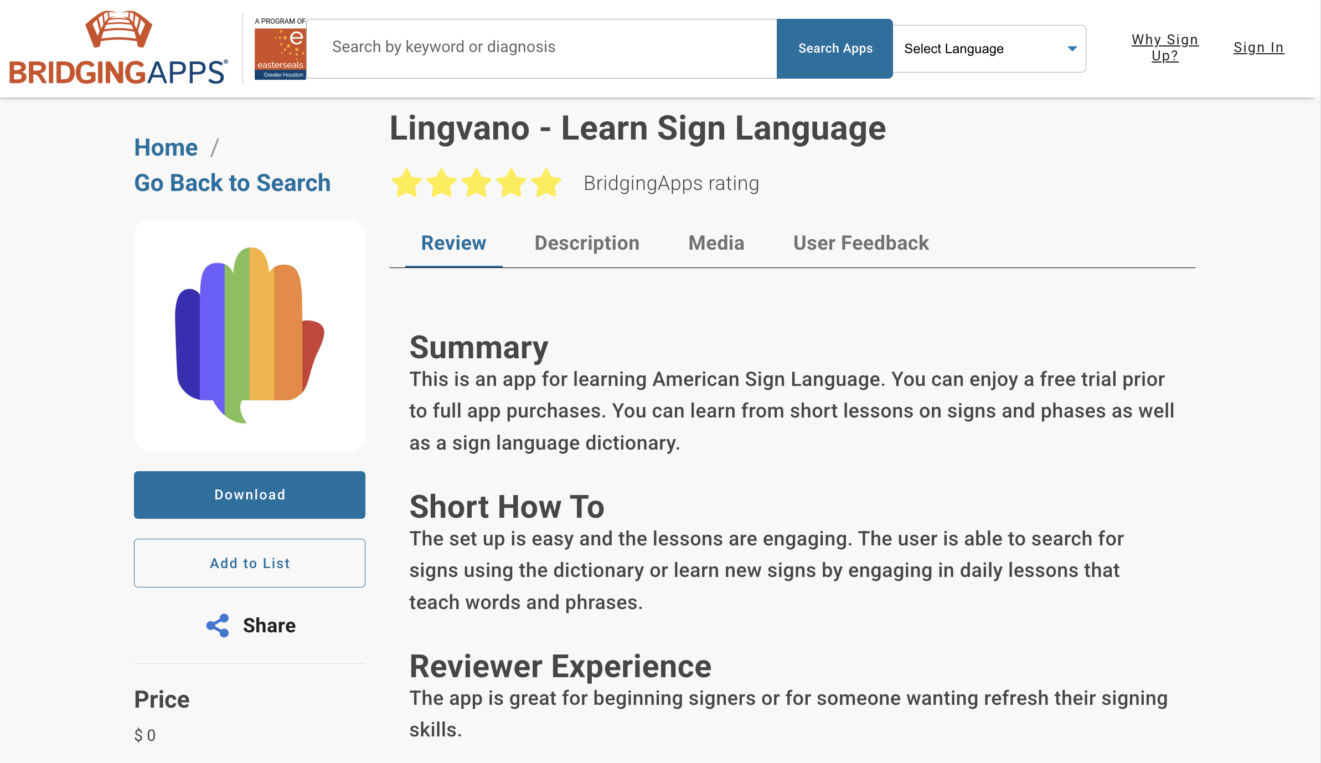 screenshot of Lingvano app in BridgingApps App Search Tool
